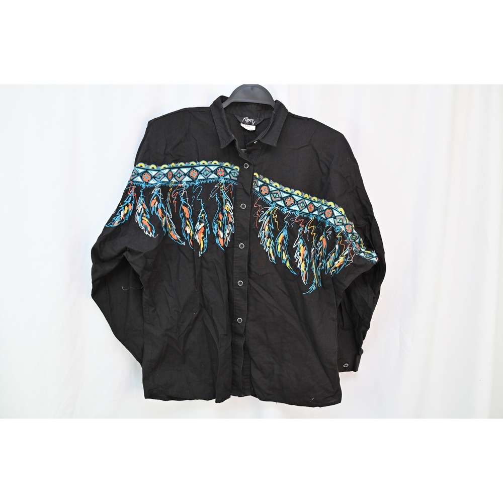 Roper Vintage Western Shirt Womens Large Black Feather Graphic Button Down USA